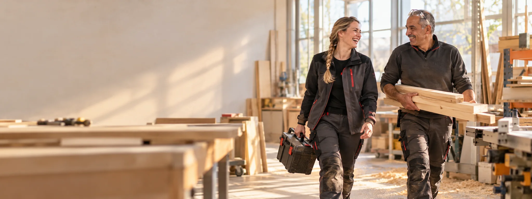 Vakvrouw en collega in werkkleding in een timmerwerkplaats