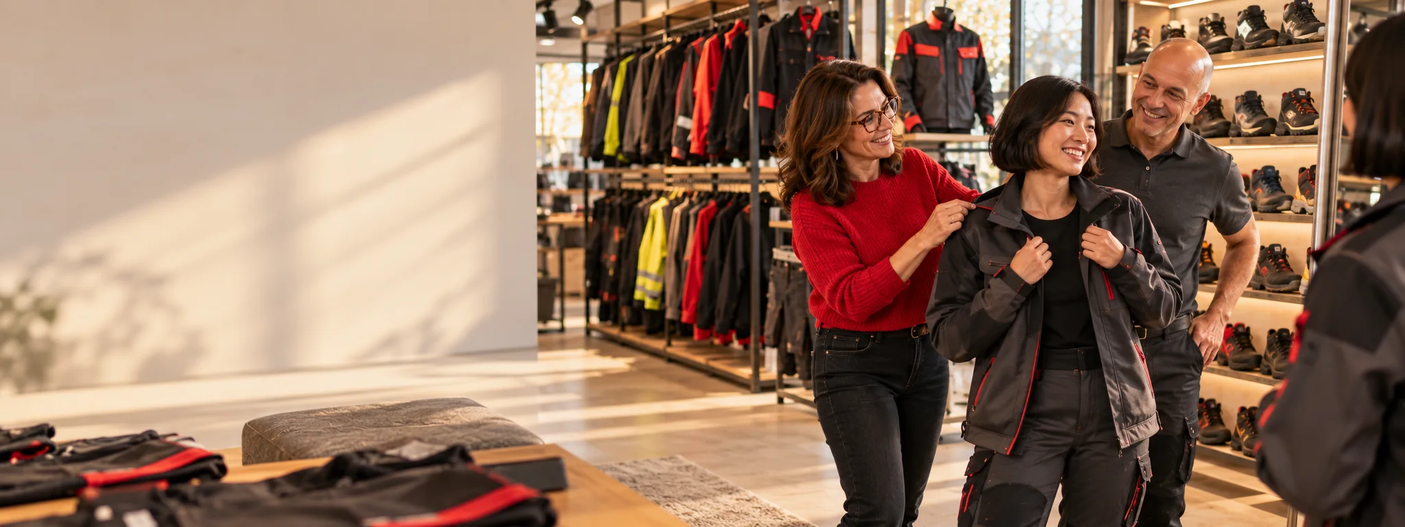 Klant krijgt advies in de showroom bij de jassen- en schoenenwand